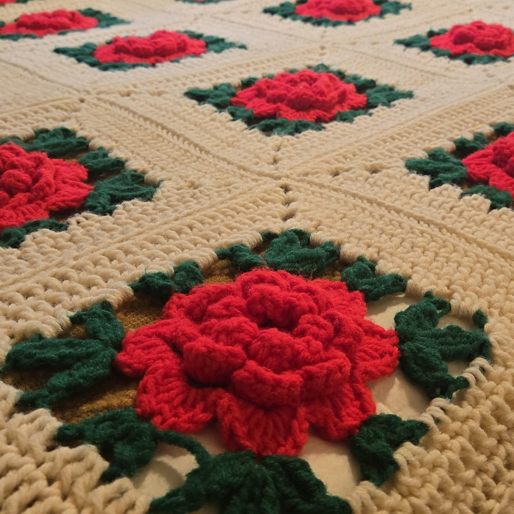 Vintage-style crochet rose Afghan Blanket.